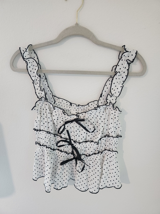 mine Tops - White Polka Dot Baby Doll  Ruffle Crop Top with Black Trim And Bows
